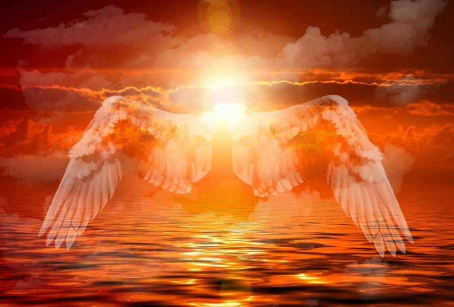 An angel with wings flying over the water.