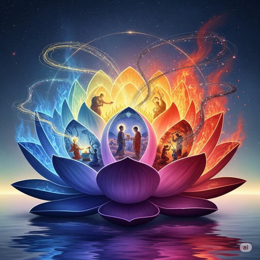 Lotus flower holding human forms within its petals, representing karma reset and soul retrieval
