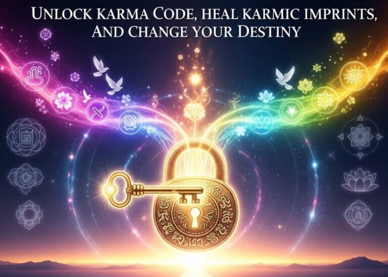 Spiritual awakening image showing lotus flower, chakras, and key unlocking karma for soul healing and life change