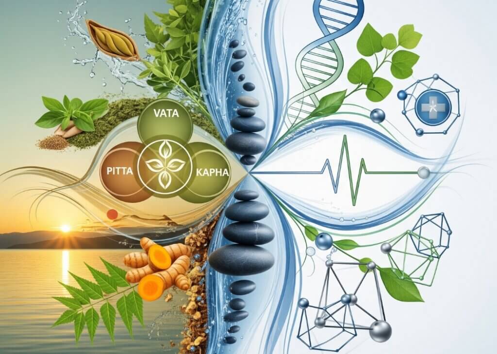 Ayurveda and integrative medicine concept showing Vata, Pitta, Kapha doshas with healing herbs and DNA helix for holistic health and natural healing.