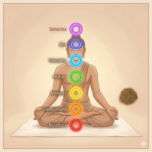 Meditating figure with seven glowing chakras aligned along the spine against a cosmic galaxy background.