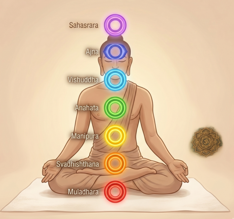 Meditating figure with seven glowing chakras aligned along the spine against a cosmic galaxy background.